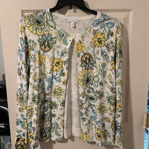 Long sleeve cardigan rayon and nylon yellow blue white floral design